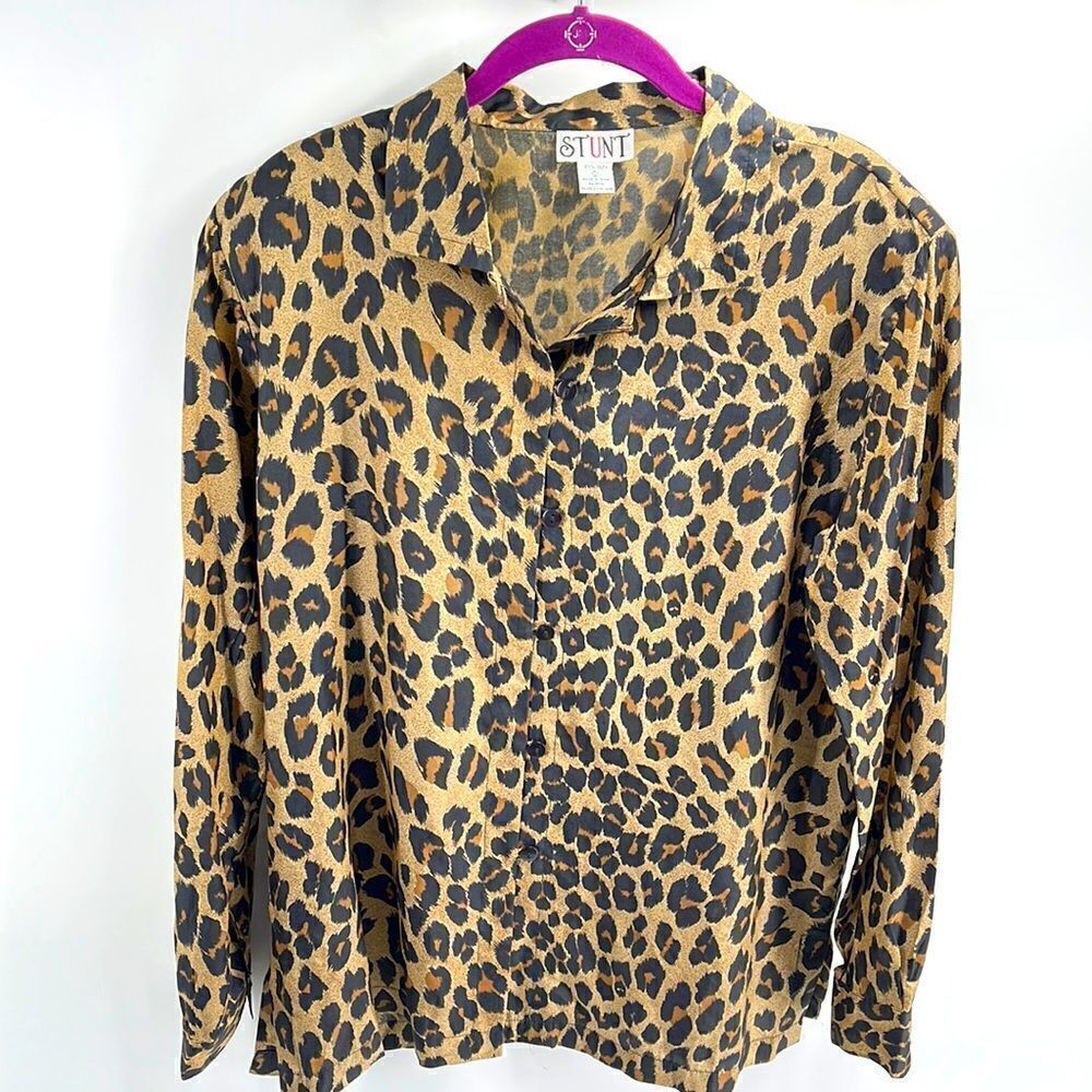 Vintage STUNT leopard blouse shirt top silk large EUC